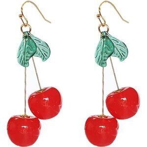 18K Gold Plated Vintage Cherry Earrings - Red 3D Charm & Green Crystal Leaf Dang